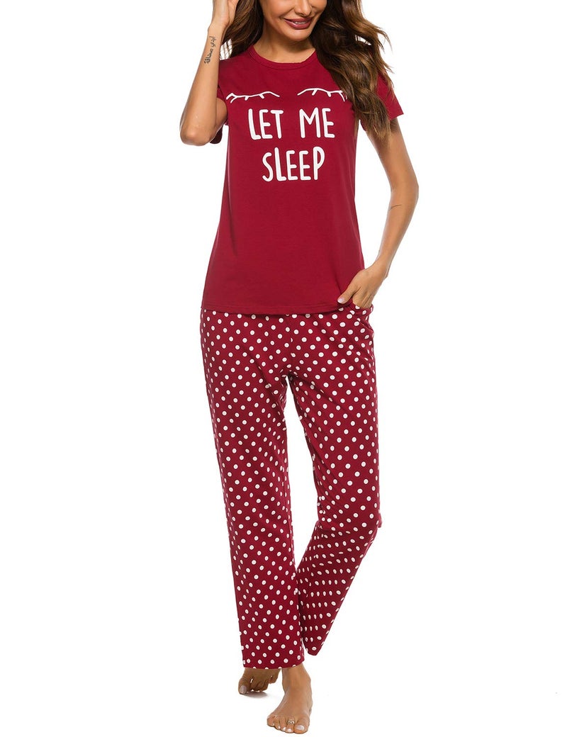 EISHOPEER Women's Cute Printed Short Sleeve Top & Long Pants Sleepwear Pajama Set Wine Red S - Image 3